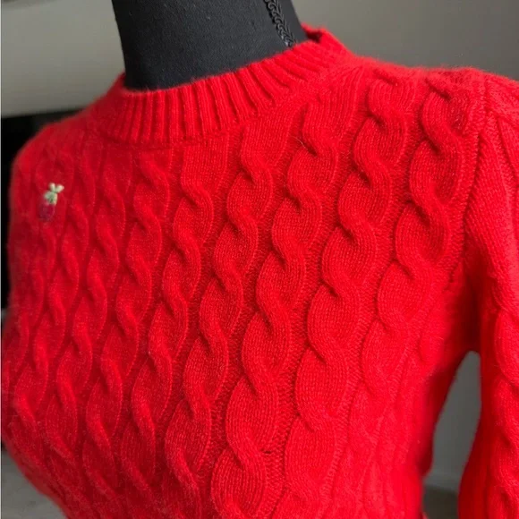 J.Crew 100% Cashmere Red Cable-Knit Crewneck Sweater Cherry Embroidery XS/S - Picture 2 of 9
